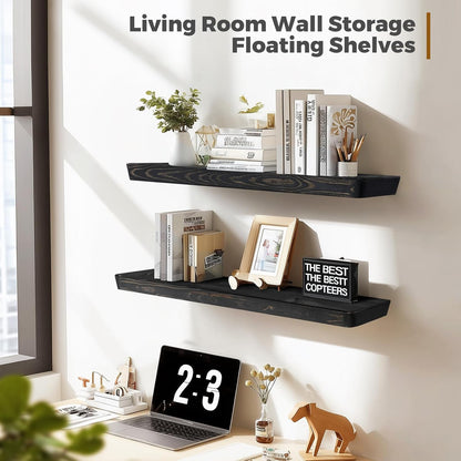 36"x6.8"x1.6" Slanted Floating Wall Shelves 2-Pack - Rustic Black Finish, Heavy-Duty Solid Wood