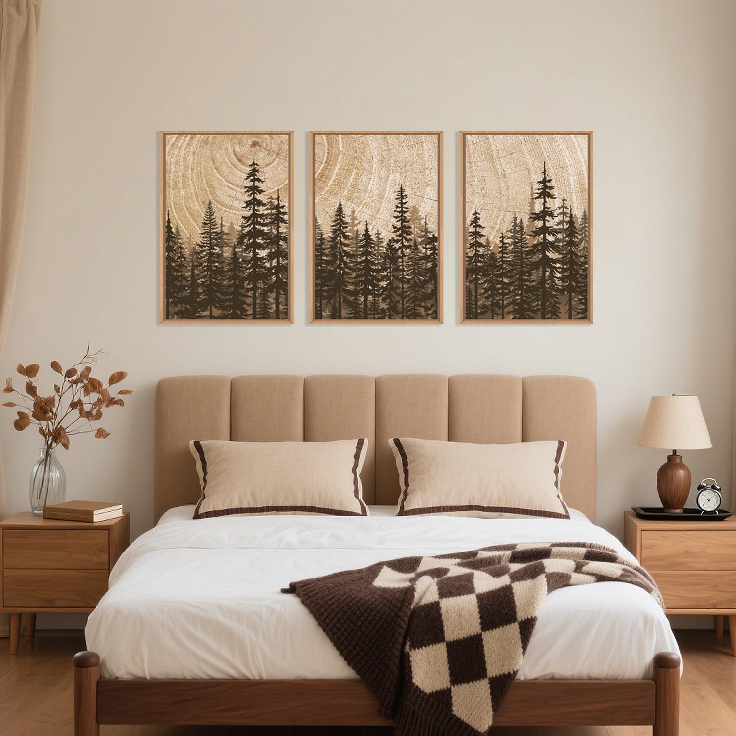 Celestdeco Pine Tree Framed Canvas Wall Art Set, Natural Woodland Landscape Wall Decor, Large Retro