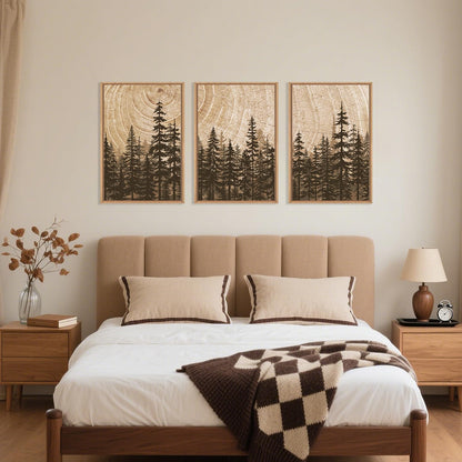 Celestdeco Pine Tree Framed Canvas Wall Art Set, Natural Woodland Landscape Wall Decor, Large Retro