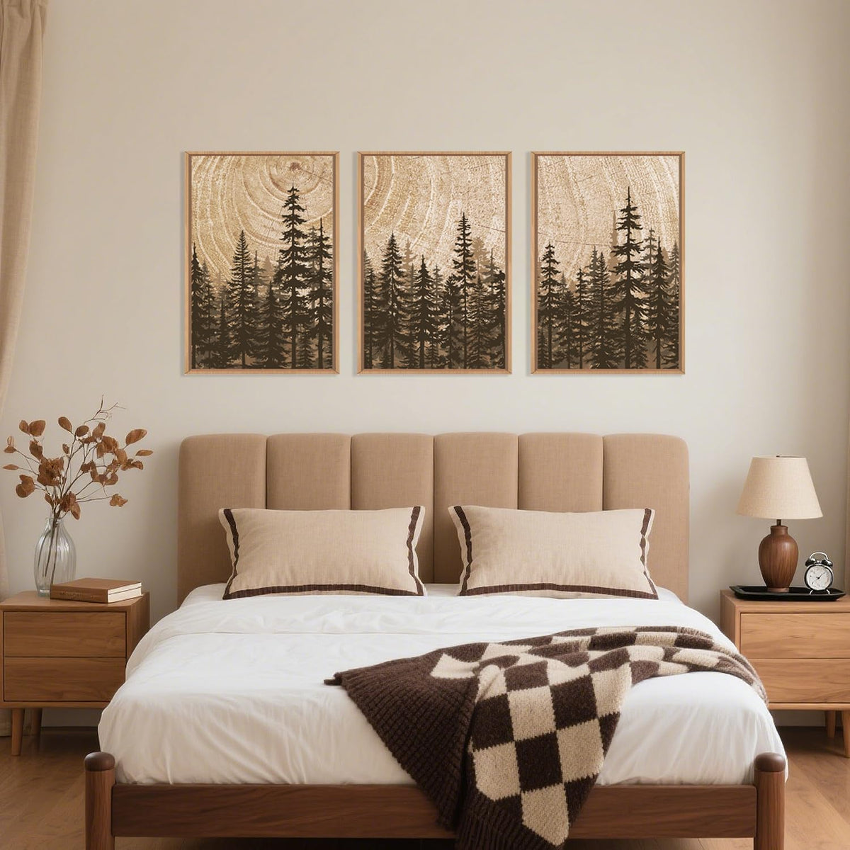 Pine Tree Framed Canvas Wall Art Set, Natural Woodland Landscape Wall Decor, Large Retro Forest