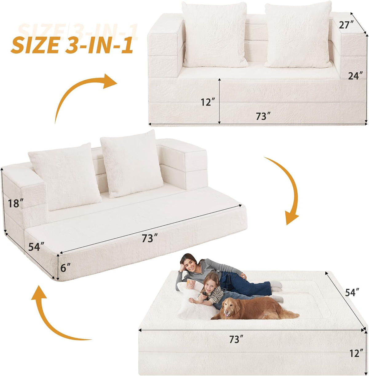 Folding Bean Bag Chair for Adults,3-in-1 Bean Bag Couch Faux Fur Floor Sofa Large Beanbag