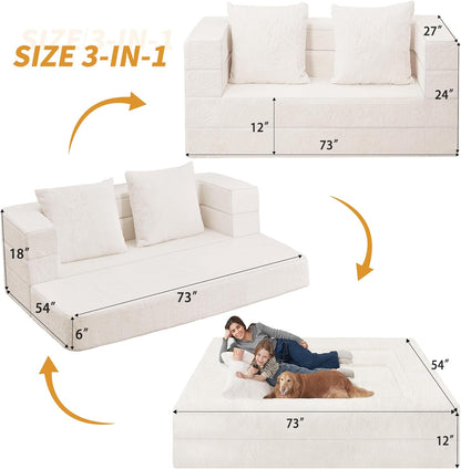 Folding Bean Bag Chair for Adults,3-in-1 Bean Bag Couch Faux Fur Floor Sofa Large Beanbag