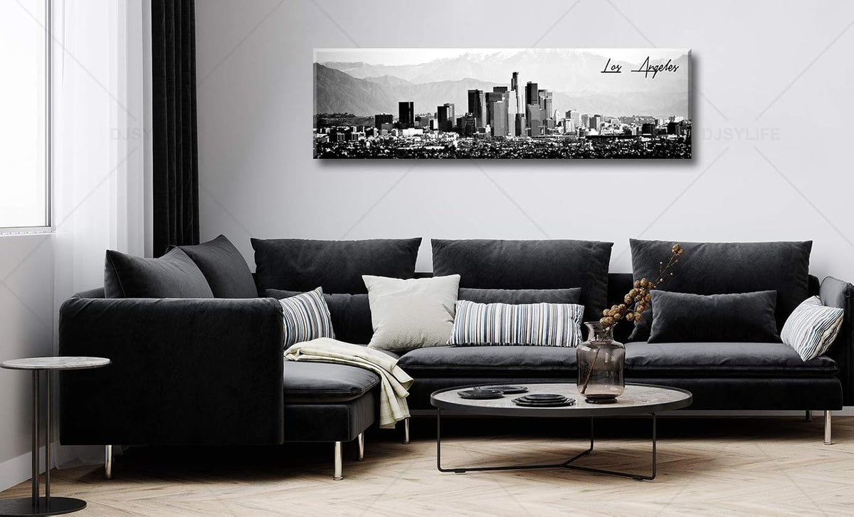 DJSYLIFE Los Angeles Skyline Wall Art Black and White USA Panoramic Cityscape Picture Canvas Prints