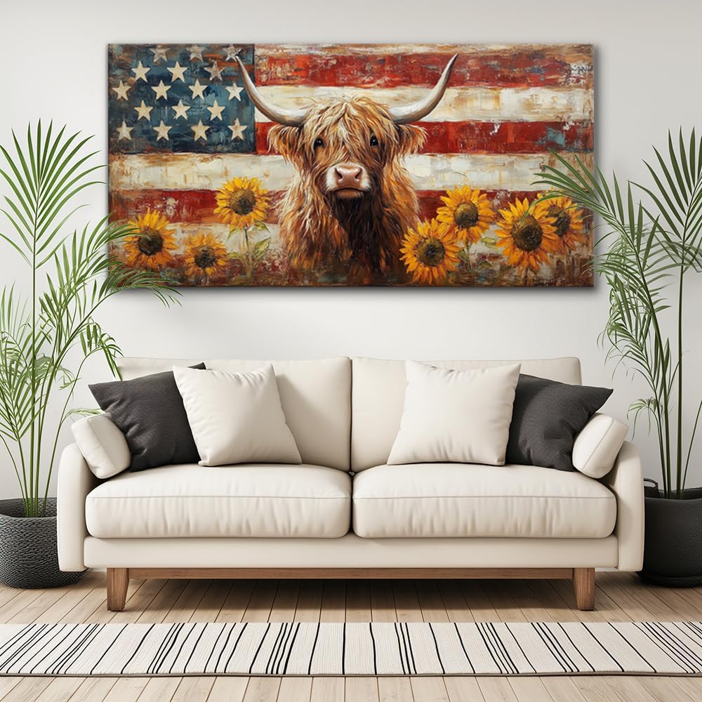 LASMOND Country Highland Cow Wall Art for Living Room Rustic Retro Vintage American Flag Sunflower