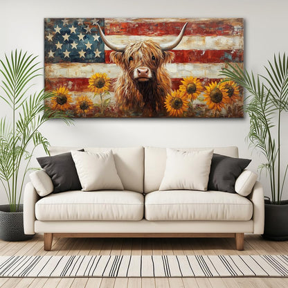 LASMOND Country Highland Cow Wall Art for Living Room Rustic Retro Vintage American Flag Sunflower