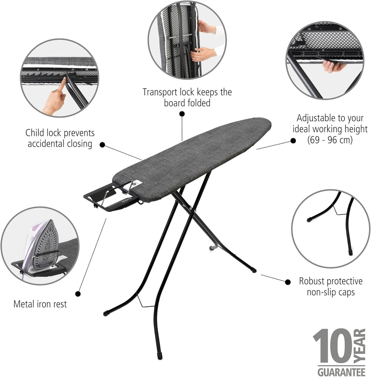 Brabantia Size A Compact Small Ironing Board (43x12 in) 7 Height Options, Adjustable Steam Iron