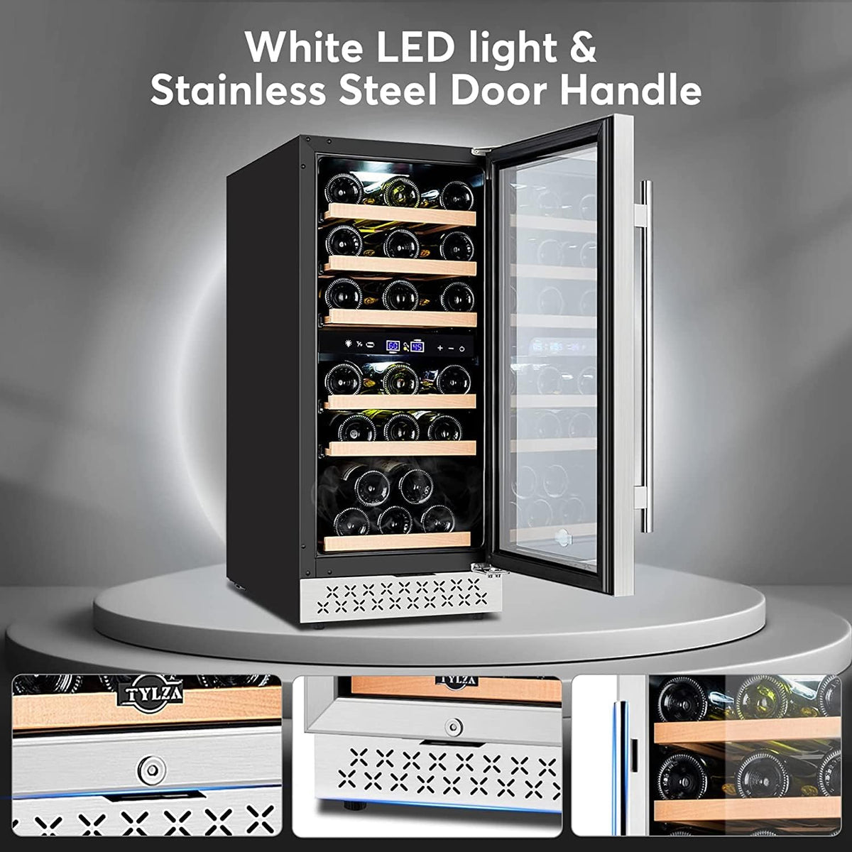 Tylza Mini Fridge 15 Inch Wine Cooler Under Counter, 33 Bottle Dual Zone Wine Fridge with Stainless