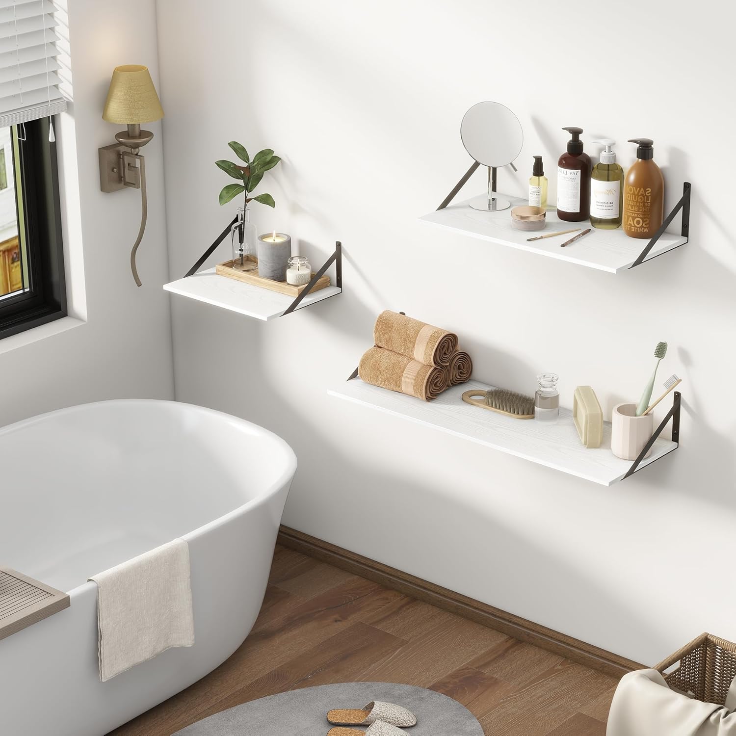 Fun Memories Floating Shelves Set of 2, 16" W x 12" D, White Ledges for Bedroom, Bathroom, 12" Deep
