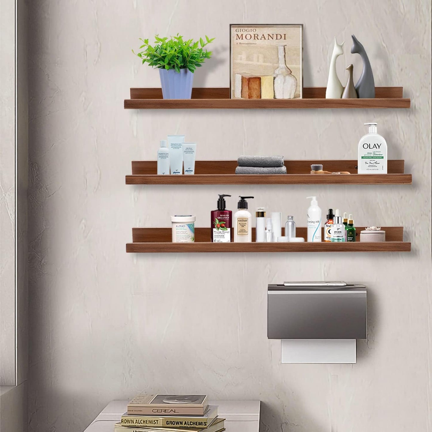 AZSKY 36 Inch Floating Book Shelves Rustic Wood Wall Picture Ledge Shelf for Storage Light Walnut