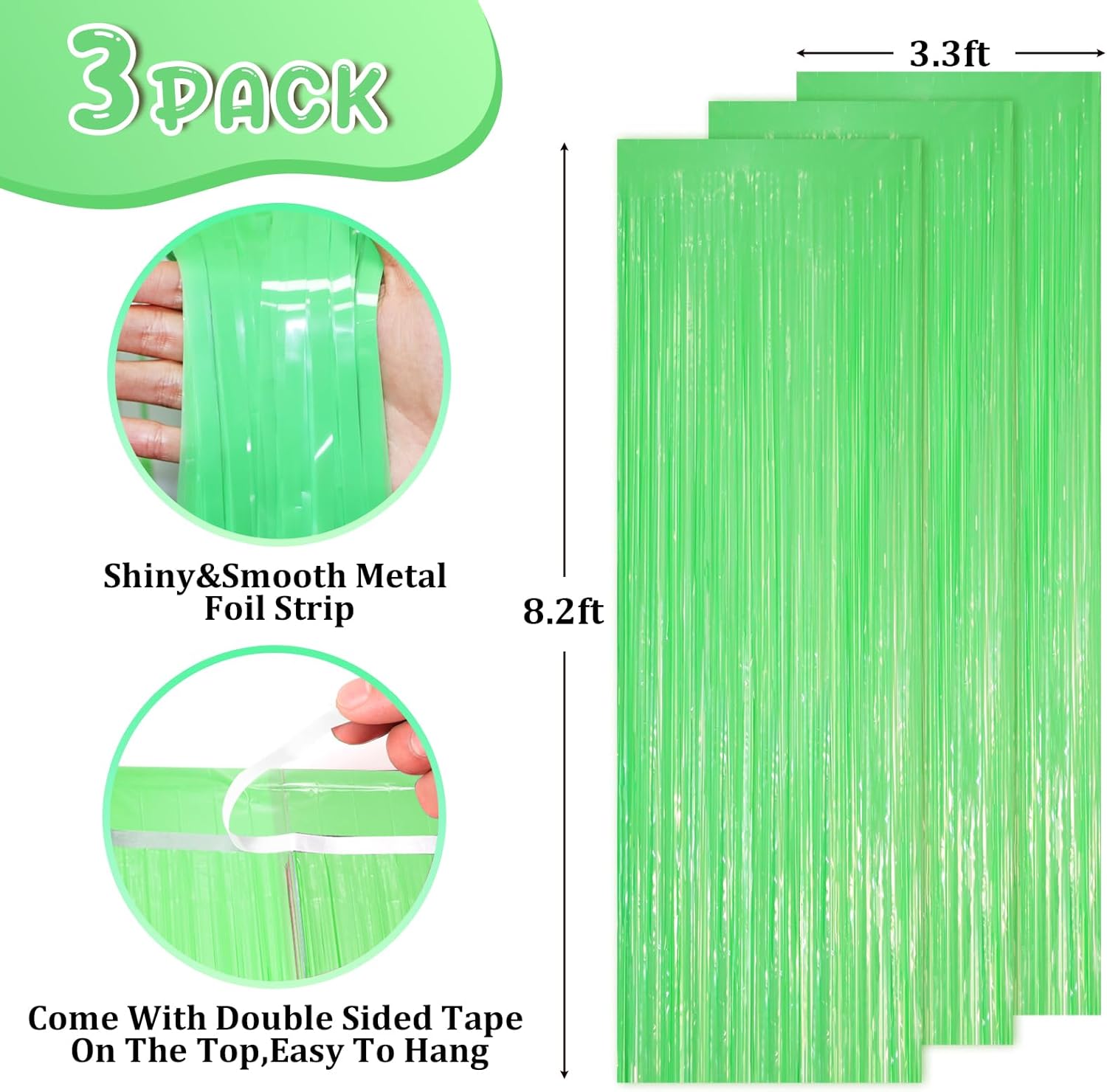 3 Pack 3.3 x 8.2 ft Pastel Green Foil Fringe Backdrop Curtains, Tinsel Streamers Party Decorations