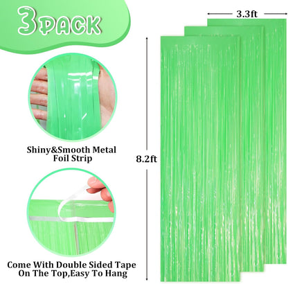 3 Pack 3.3 x 8.2 ft Pastel Green Foil Fringe Backdrop Curtains, Tinsel Streamers Party Decorations