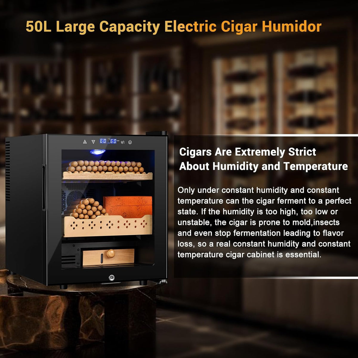 Electric Humidor for Cigars, 50L 300 Counts Large Capacity, Thermostatic Electric Cigar Cooler