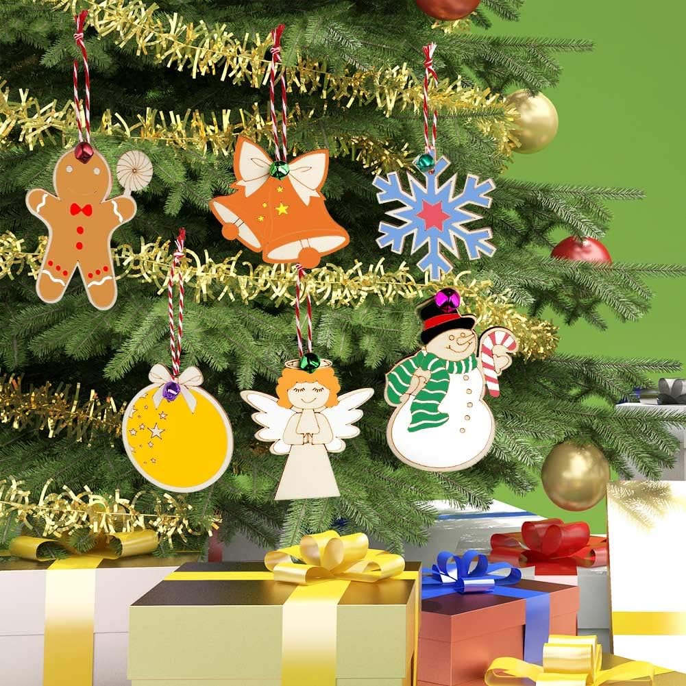 48PCS Christmas Crafts for Kids, Wooden Christmas Ornaments Unfinished Wood Slices with 6 Styles