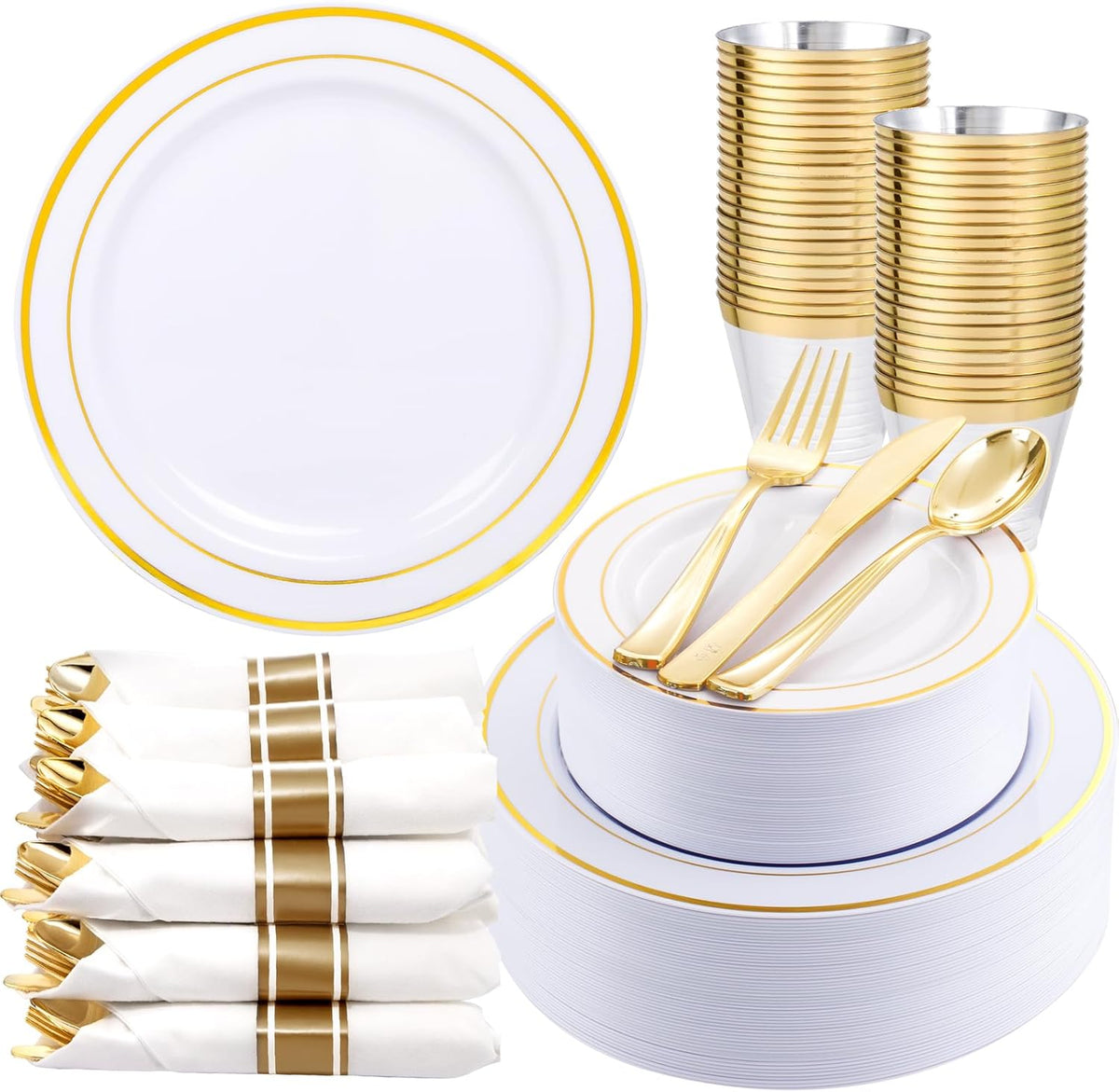 350Piece Gold Dinnerware Set for 50 Guests - Gold Plastic Plates with Disposable Cutlery