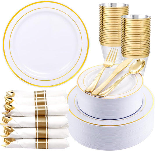 350Piece Gold Dinnerware Set for 50 Guests - Gold Plastic Plates with Disposable Cutlery