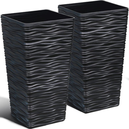 Worth Garden 2-Pack Black Tall Planter - Plastic Square Tapered Tree Plant Pots for Indoor Outdoor