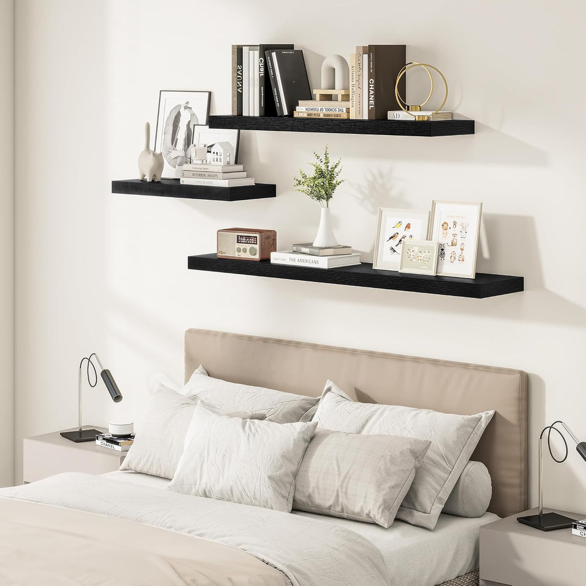 Black Floating Shelves for Wall 24 Inches Long, 12" Deep Wall Shelves 2" Thick, Heavy Duty Shelf