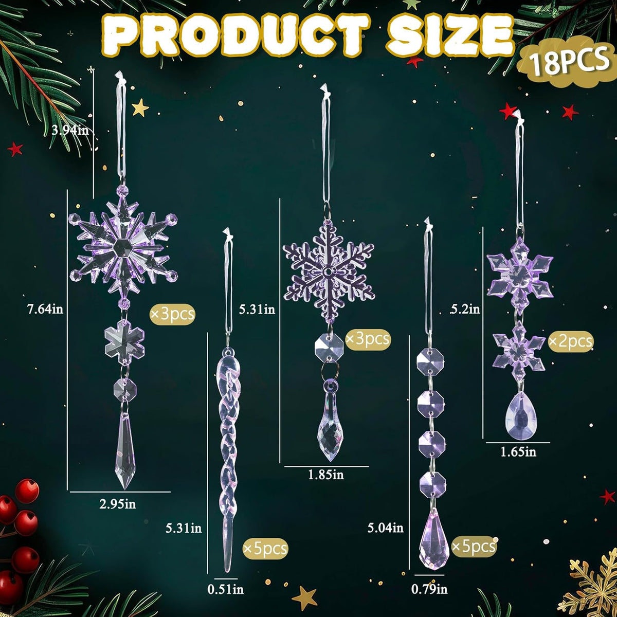 18pcs Crystal Christmas Ornaments for Christmas Tree Decorations-Purple Hanging Acrylic Snowflake