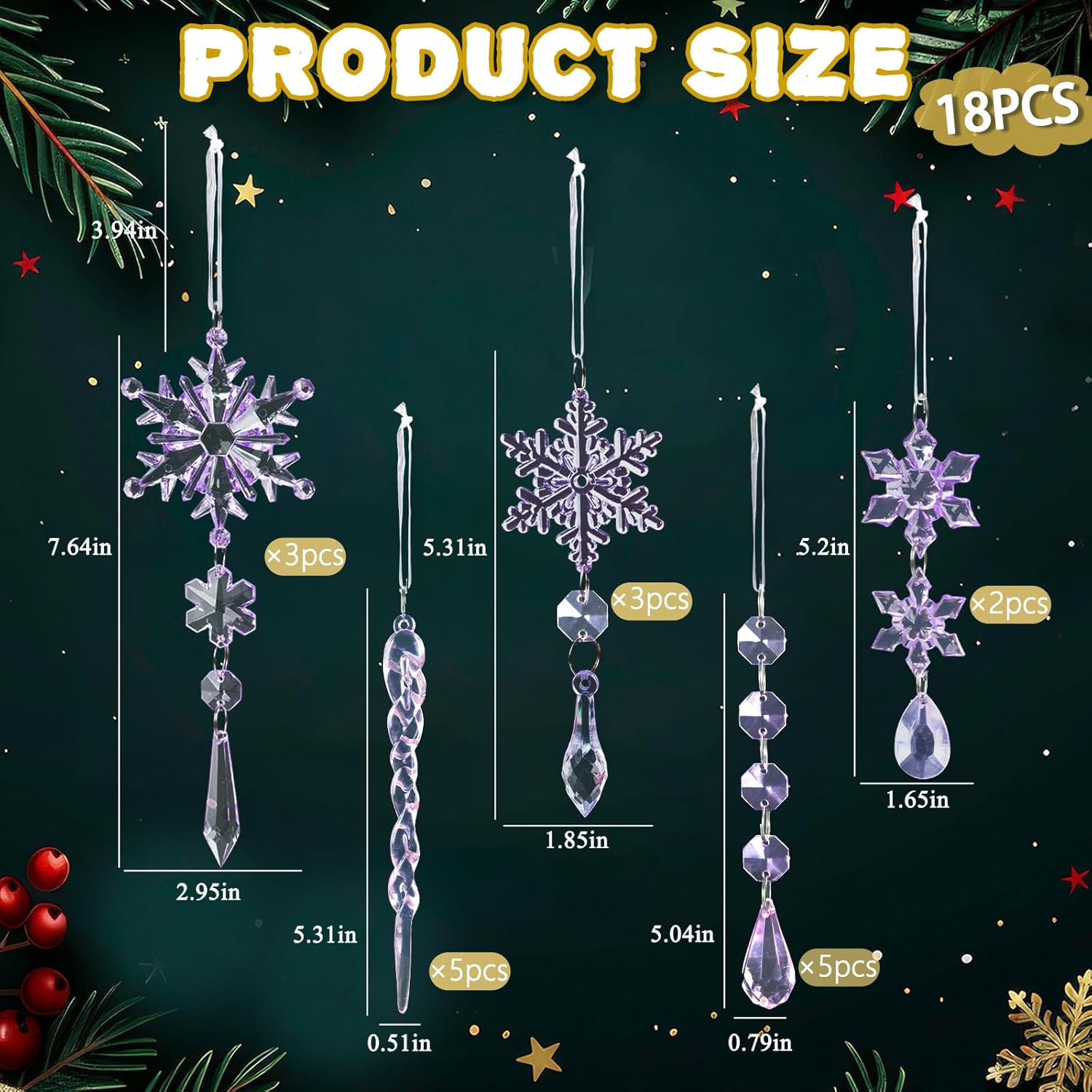 18pcs Crystal Christmas Ornaments for Christmas Tree Decorations-Purple Hanging Acrylic Snowflake