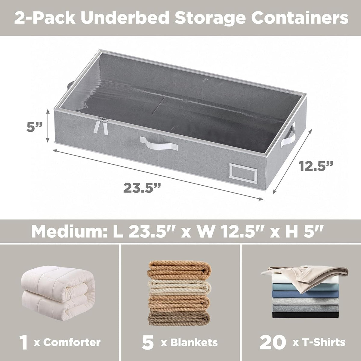 Under Bed Storage Containers, 2-Pack Underbed Storage Box, Collapsible Clothes Storage Bins with