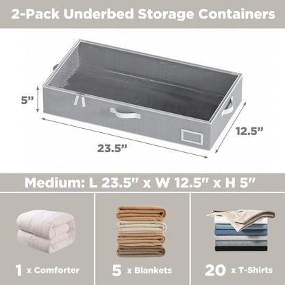 Under Bed Storage Containers, 2-Pack Underbed Storage Box, Collapsible Clothes Storage Bins with