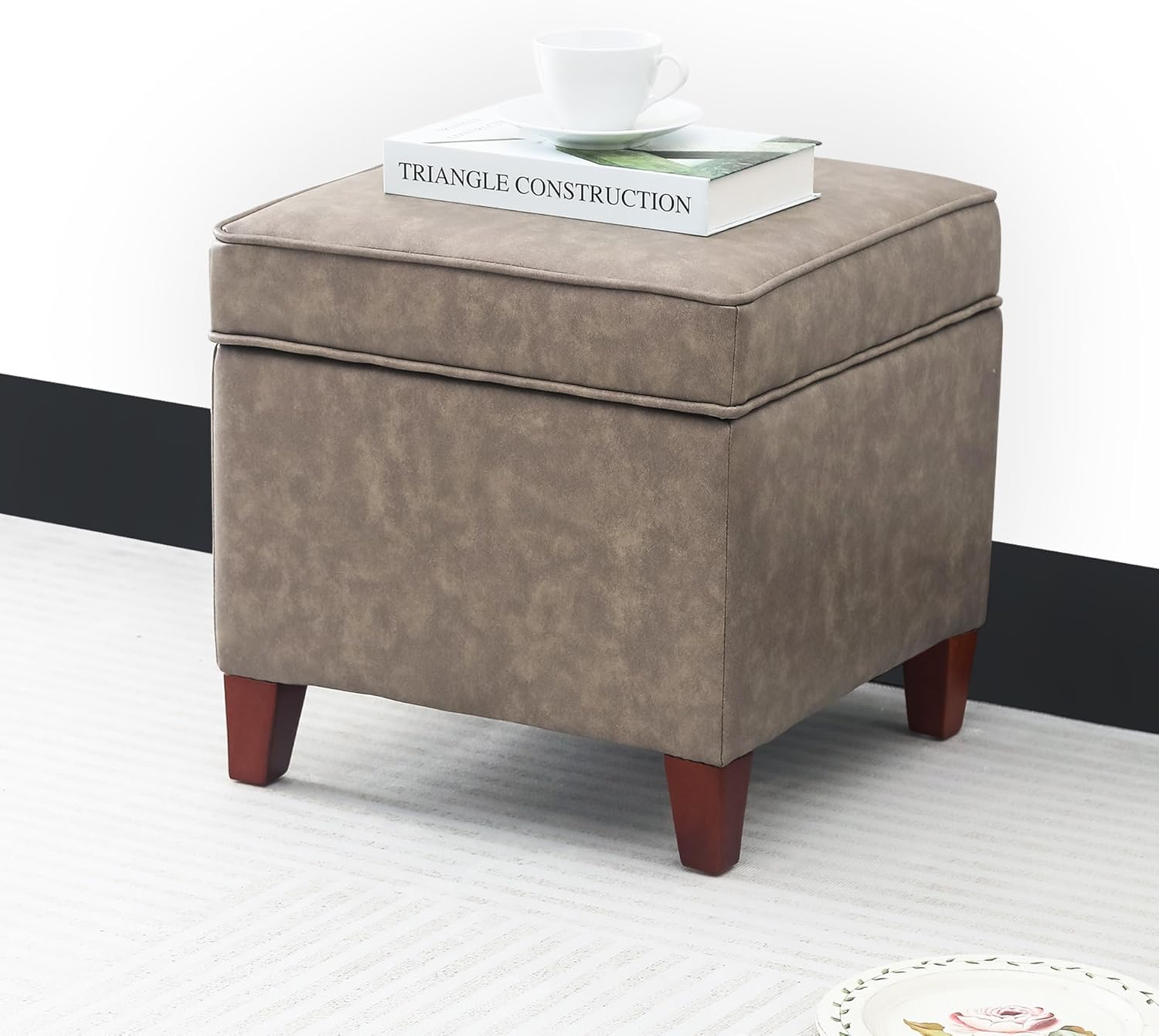 Adeco 17.5" Square Faux Leather Ottoman with Storage - Upholstered PU Foot Rest - Flip Top