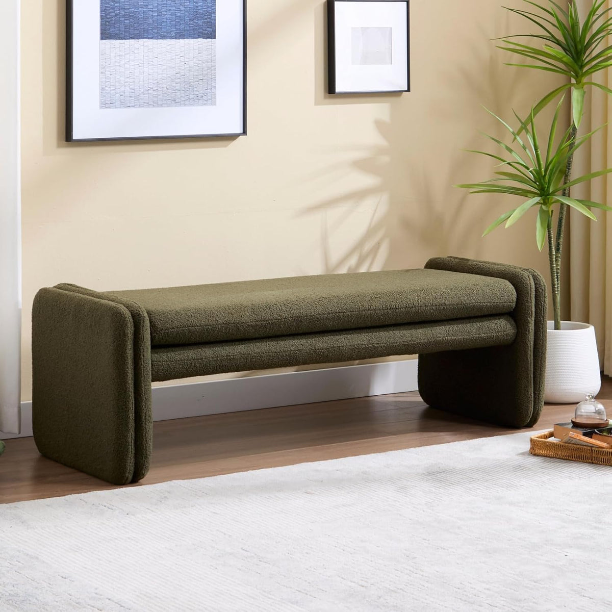 Green Boucle Bench 50" Sherpa End of Bed Bench Modern Upholstered Bench for Bedroom Entryway Living