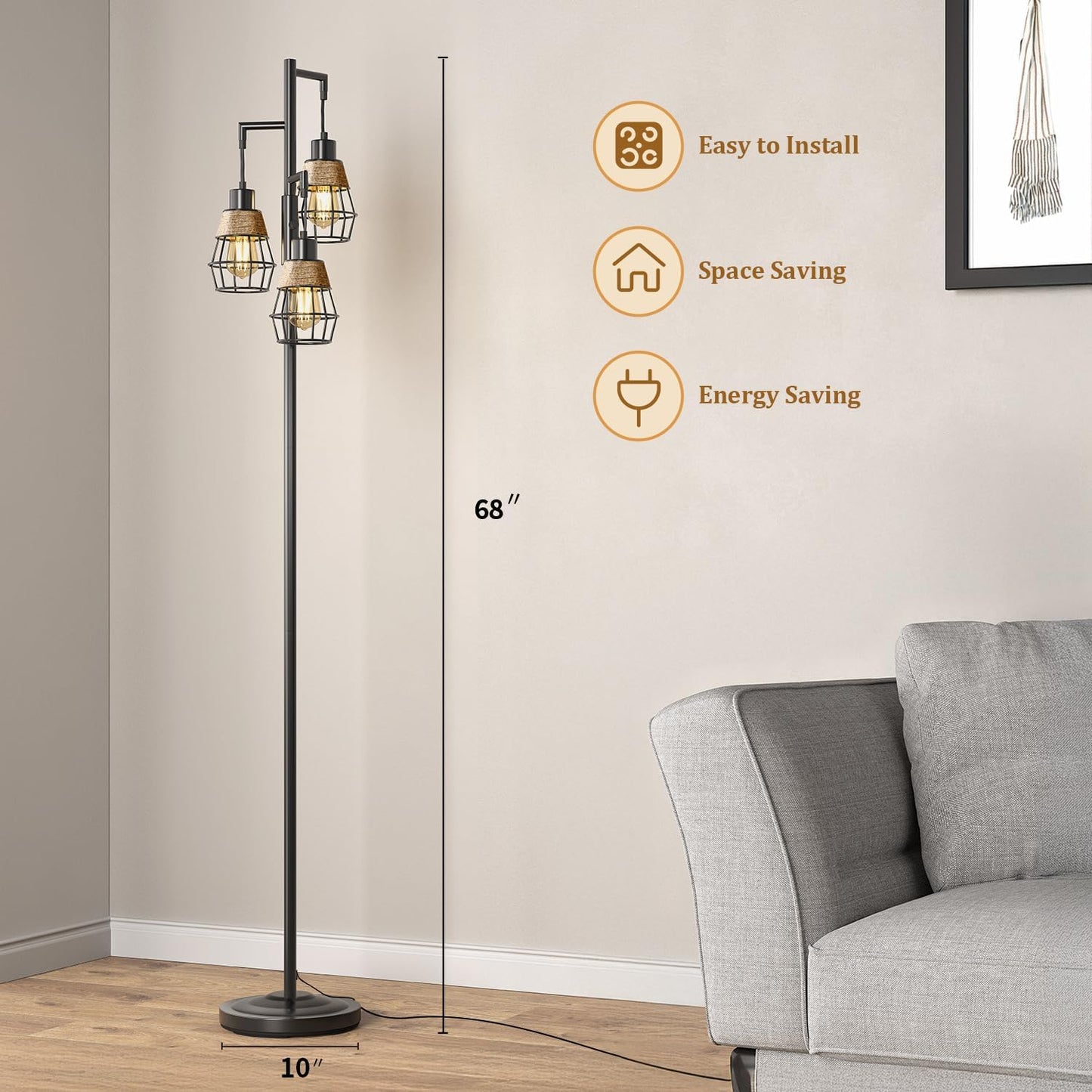 Oneach 68" Floor Lamps for Living Room, Stepless Dimmable Boho Floor Lamp with 3 Bulbs, Tall
