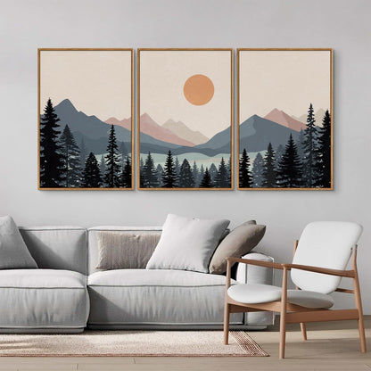 Tinonedraw Boho Mountain Framed Canvas Wall Art Set of 3, Watercolor Nature Landscape Art Prints