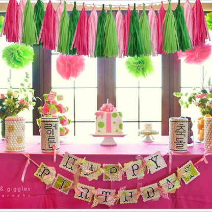 CC wonderland zone Pink and Green Tassel Garland,Paper Tissue Tassel Banner for Party