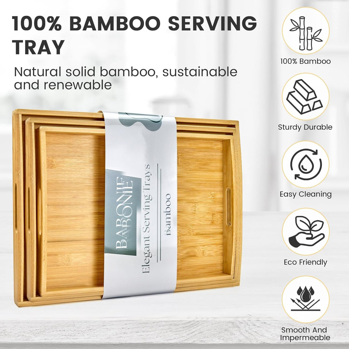 Bamboo Serving Tray with Handles Set of 3 - Decorative Wooden Trays for Eating, Working, and