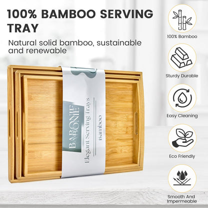 Bamboo Serving Tray with Handles Set of 3 - Decorative Wooden Trays for Eating, Working, and