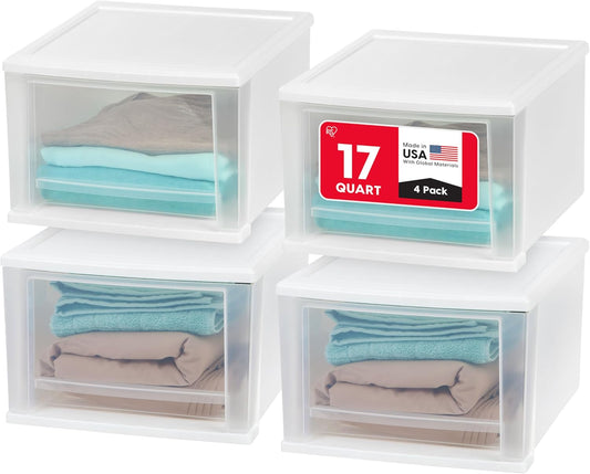 IRIS USA 17 Qt. Plastic Drawer Storage Organizer Stacking Drawers, 4-Pack, Stackable Unit with