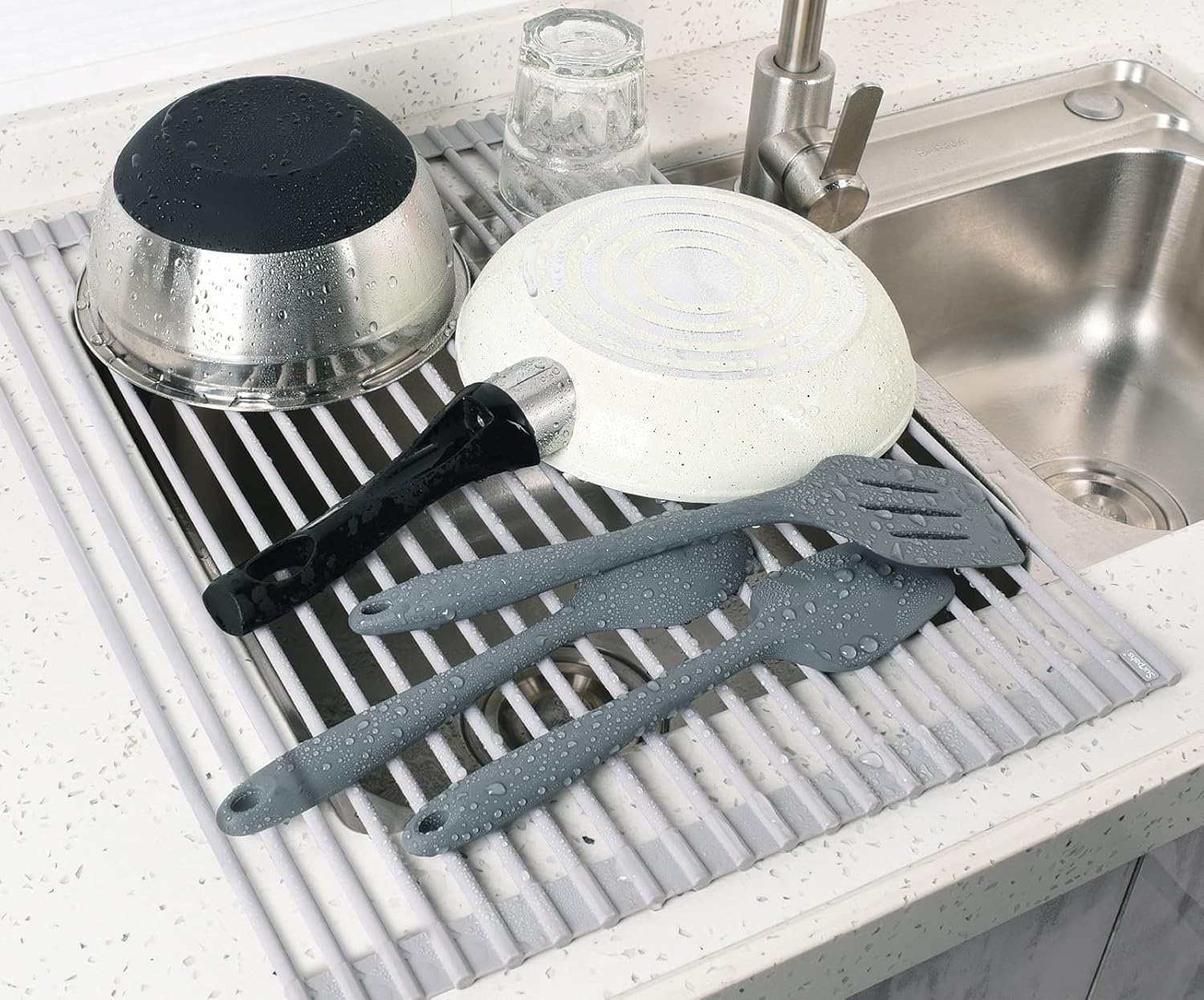 Surpahs Over Sink Foldable Multipurpose Roll-Up Dish Drying Rack, Silicone Wrapped Stainless Steel