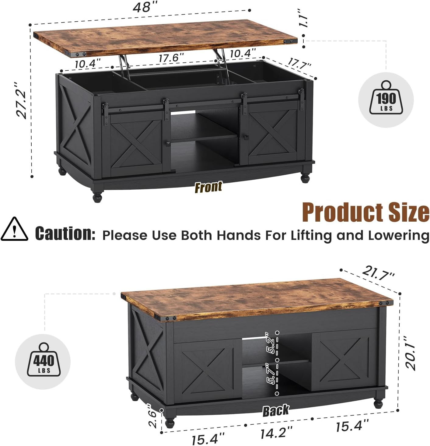 48" Farmhouse Lift Top Coffee Table with Storage Sliding Barn Door & Large Hidden Compartment