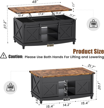 48" Farmhouse Lift Top Coffee Table with Storage Sliding Barn Door & Large Hidden Compartment