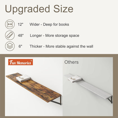 12 Inch Deep Floating Shelves,48W x 12D Floating Shelves, Deep Wall Shelves Bracket Set of 2, Large