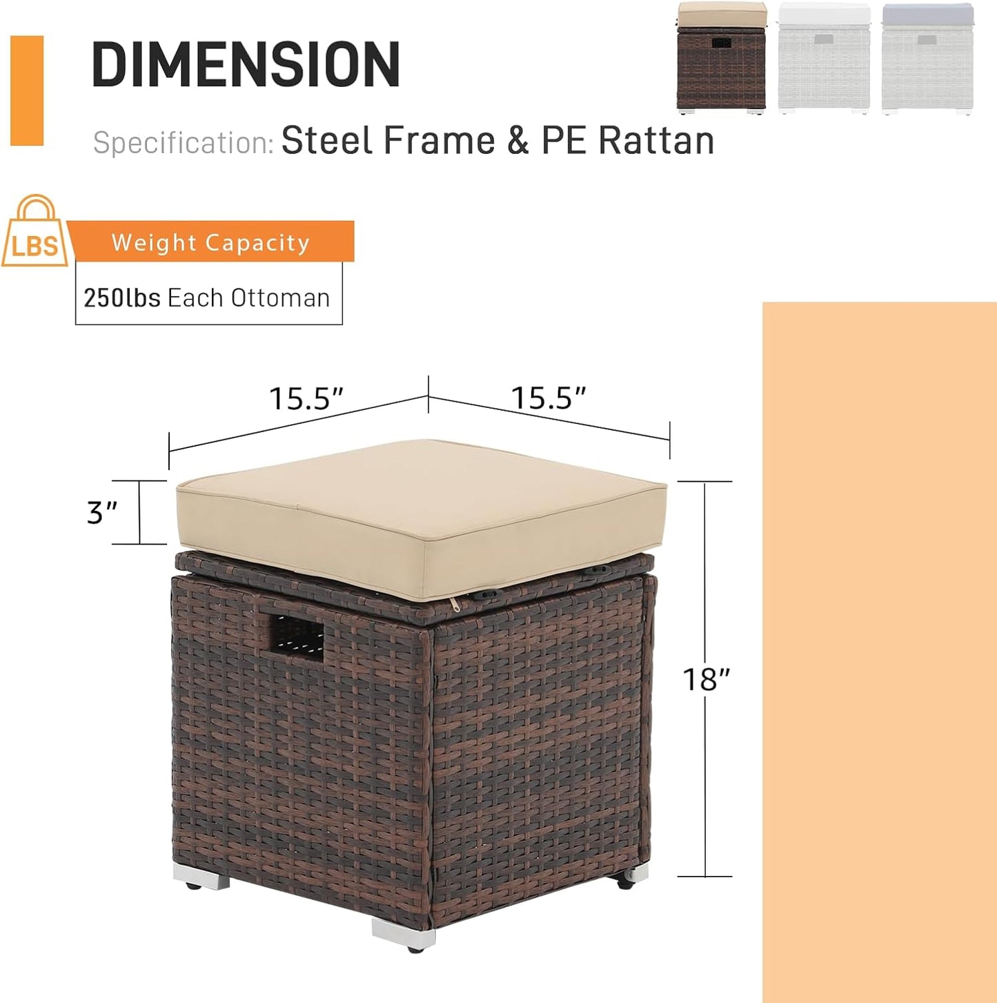 Patiorama 2 Piece Outdoor Patio Ottomans, All-Weather Brown PE Rattan Wicker Ottoman with Storage