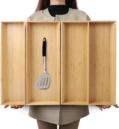 V-Shaped Bamboo Drawer Organizer Set of 3, Kitchen Large and Long Utensil Plate, Flatware &