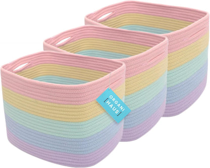 OrganiHaus Set of 3 Rainbow Woven Storage Baskets for Organizing, Cotton Rope Organizer Bins for