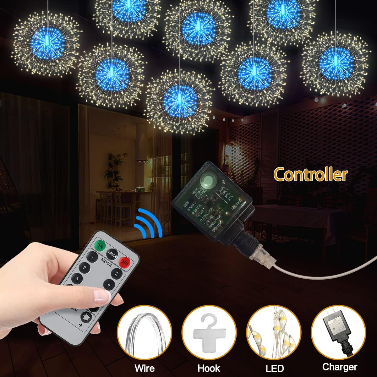 8 Pack Firework Lights 180 Led Copper Wire with 8 Models Power Supply Remote Control Waterproof