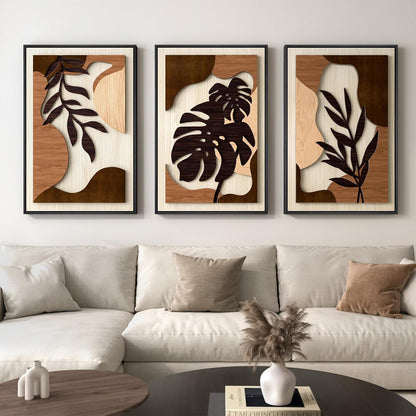 Framed Textured Wood 3D Wall Art for Living Room, Large Boho Tropical Brown Artwork for Walls, 3