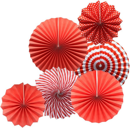 Party Hanging Paper Fans Set, Red Round Pattern Paper Garlands Decoration for Birthday Wedding