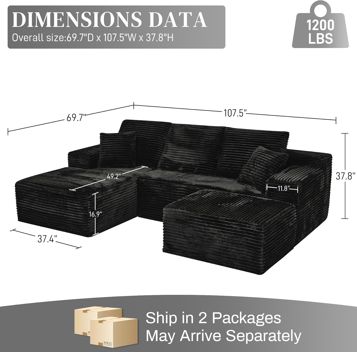 Modular Sectional Sofa Cloud Sectional Couch, 107" Comfy Fluffy U Shaped Black Couches for Living