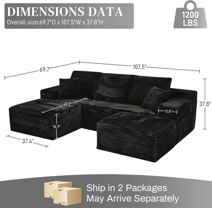 Modular Sectional Sofa Cloud Sectional Couch, 107" Comfy Fluffy U Shaped Black Couches for Living