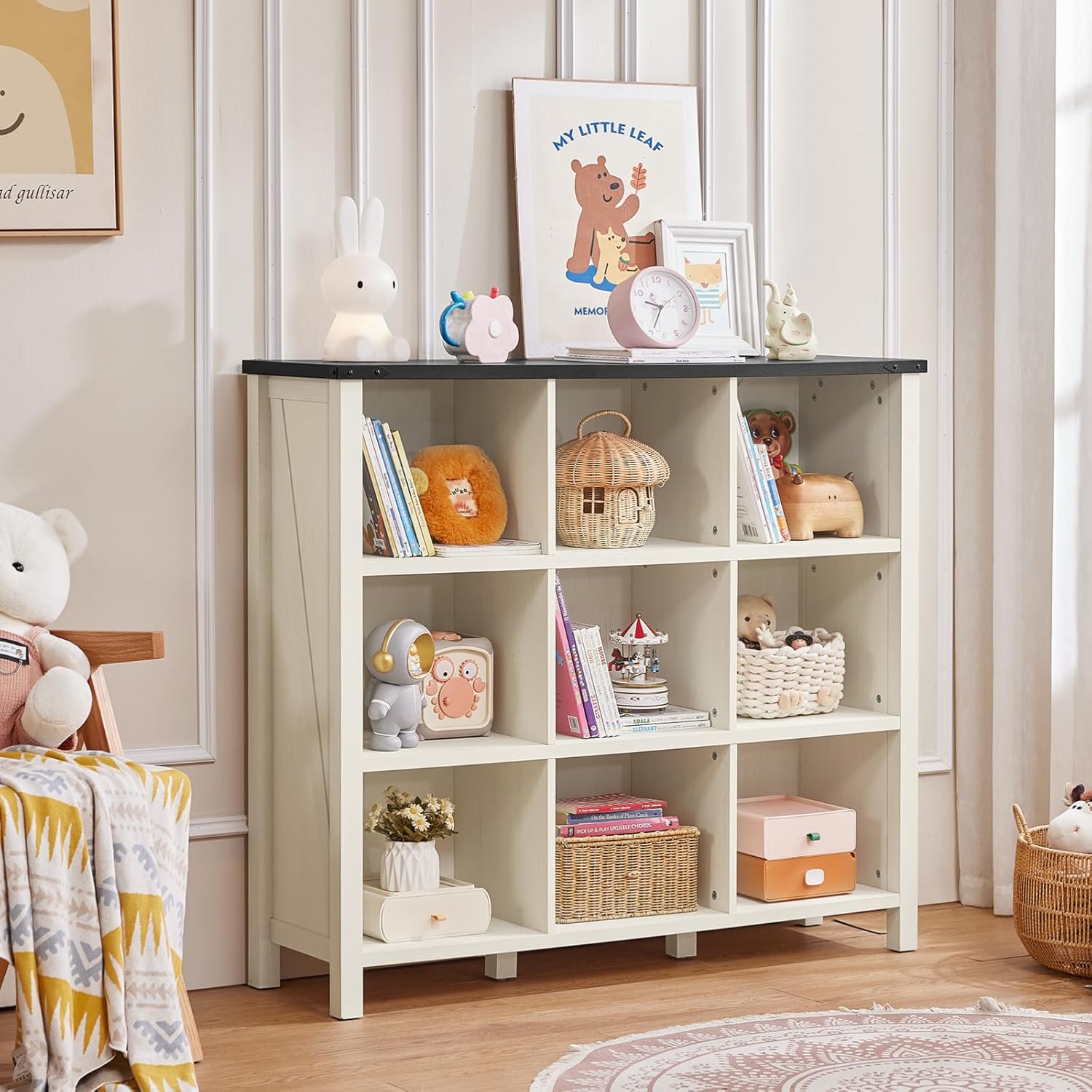 9 Cube Bookcase, Farmhouse 47 Inch Wide White Bookshelf, Wooden 3 Tier Display Large Open Book