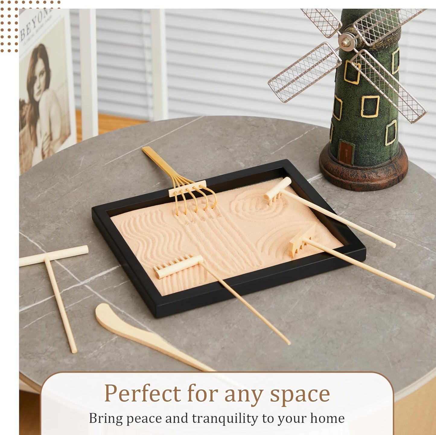 Soulchen 8 Pcs Mini Zen Garden Kit for Desk Decor DIY Your Own Zen Garden 8.5" x 6.7" Japanese Sand