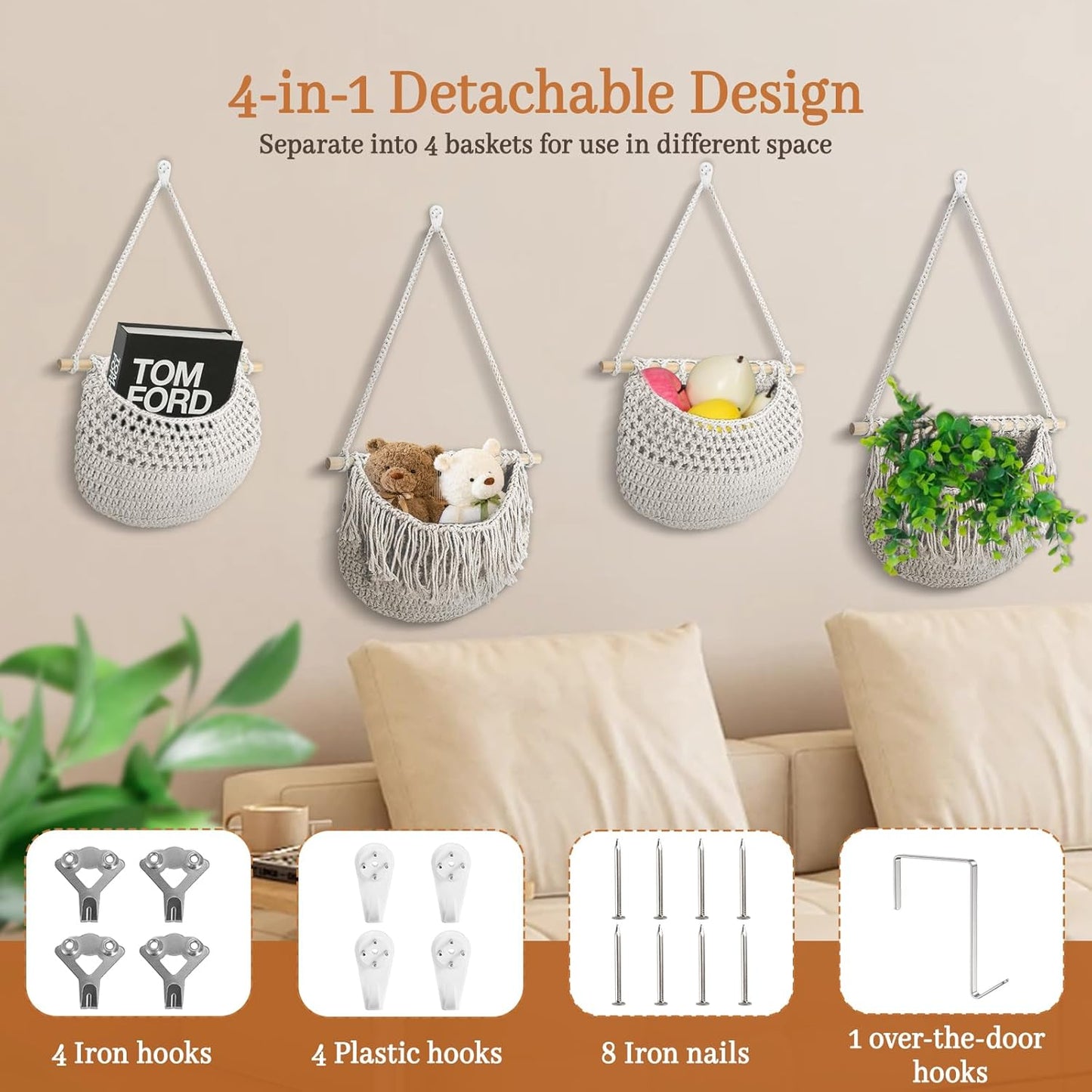 4 Tier Hanging Fruit Basket for Kitchen, 4 Pack Detachable Cotton Crocheted Wall Hanging Baskets
