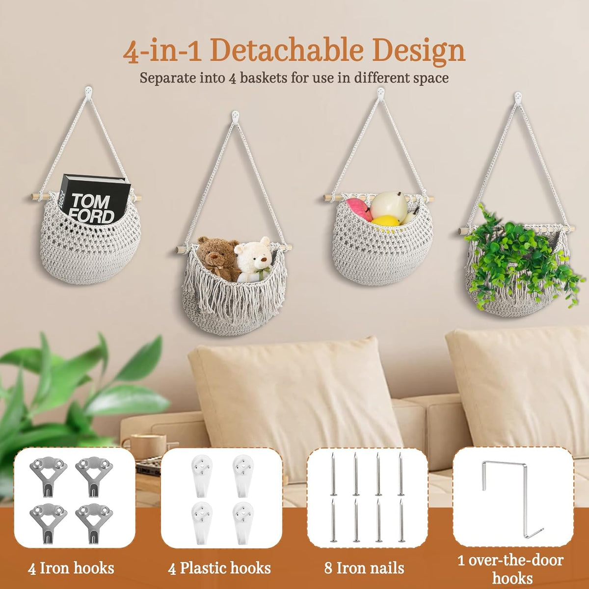 4 Tier Hanging Fruit Basket for Kitchen, 4 Pack Detachable Cotton Crocheted Wall Hanging Baskets