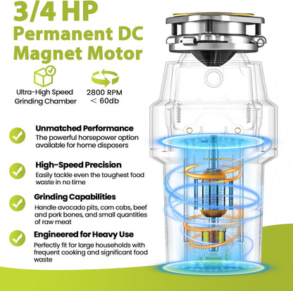 DC Garbage Disposal 3/4 HP Quiet (60dB) with Cord & Dishwasher Hookup for Kitchen Sink Food Waste